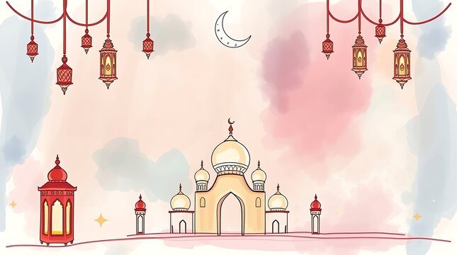 Islamic greeting card with ramadan kareem calligraphy and islamic ornament mosque vector design background