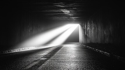 Poster - Black and white photo of a dark tunnel with light visible at the end creating a sense of depth and mystery