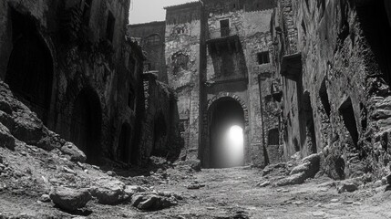 Poster - Black and white photograph of an old building and doorway with light illuminating the entrance