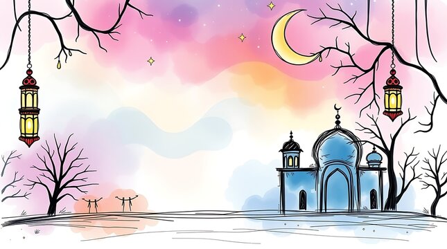 Islamic greeting card with ramadan kareem calligraphy and islamic ornament mosque vector design background