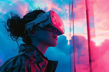 Woman wearing virtual reality headset against dramatic pink and blue sunset sky. Side view portrait in futuristic style. VR gaming and metaverse concept with neon colors