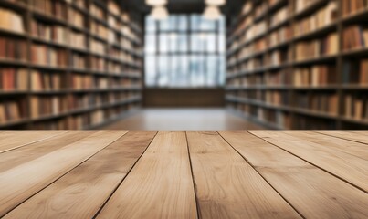 Poster - Polished wooden desk with a blurred background, perfect for office or workspace settings.