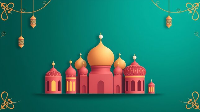 Islamic greeting card with ramadan kareem calligraphy and islamic ornament mosque vector design background