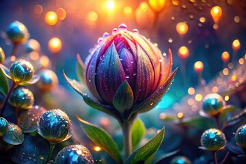 Wall Mural - Magical bloom:  Surreal macro photography captures a dewdrop-kissed flower bud's fantasy.