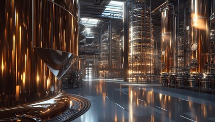 Poster - Exploring a Modern Distillery: Copper Vessels, Industrial Design, and the Brewing Process.  Illuminated Interior.