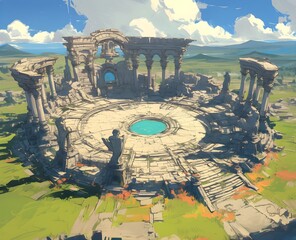 Wall Mural - An ancient battle arena with stone pillars and lush grass on a tranquil plain under a cloudy sky