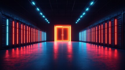 Poster - Long hallway with red and blue lights and glowing doorway in a dark room creating a mysterious atmosphere