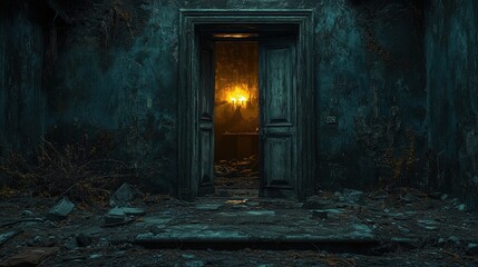 Poster - Dimly lit doorway with an open door revealing light in a dark room setting
