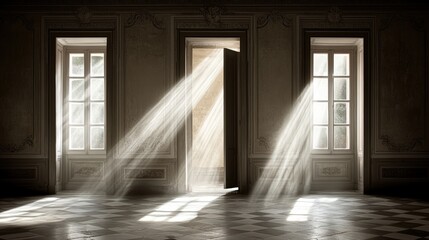 Poster - Dimly lit room with checkered floor and open doorway allowing shafts of light to enter