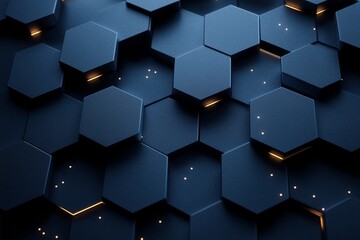 Poster - dark blue hexagonal background with a futuristic metallic texture. The 3D geometric pattern creates depth, enhanced by subtle golden light reflections, ideal for modern tech and industrial designs.