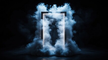 Poster - Dimly lit room with an open doorway and smoke billowing out of the door in a mysterious atmosphere