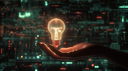 Poster - Digital art of a glowing light bulb in hand with AI circuits and stock market growth charts, futuristic investment concept.