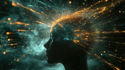Poster - Digital mind with particles and light trails, symbolizing rapid AI-powered data processing.