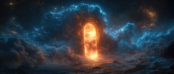 Aufkleber - Large orange fire burning on water surface with dark space and doorway to another dimension in background