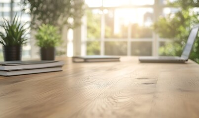 Fototapete - A minimalist wooden tabletop with a softly blurred background, ideal for modern interiors and design projects.