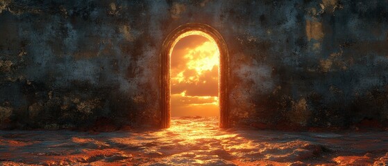 Poster - Dark cave with a bright light illuminating an open doorway leading to an unknown destination
