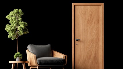 Poster - Chair next to a tree in a well-lit studio room with a doorway allowing natural light