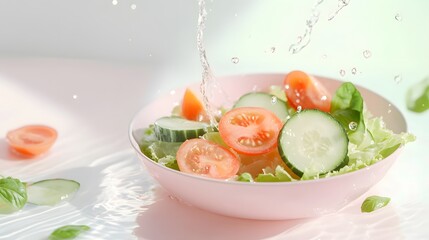 Wall Mural - cucumber and tomato slices on top of the leaves, water splashes, Generative AI