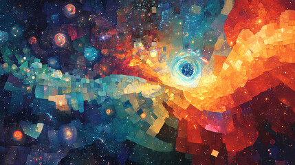 Wall Mural - Hispanic contributions honored in vibrant digital mosaic background. Galactic Mosaic Skies. Illustration