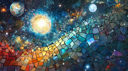 Wall Mural - Hispanic contributions honored in vibrant digital mosaic background. Galactic Mosaic Skies. Illustration