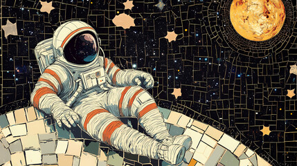 Wall Mural - mosaic art style, art nouveau style, astronaut on the moon with black space as background. galactic 