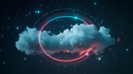 Wall Mural - neon-lit abstract cloud in the dark night sky, surrounded by a glowing geometric ring. beautiful sim