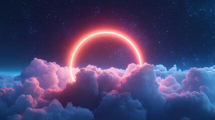 Wall Mural - neon-lit abstract cloud in the dark night sky, surrounded by a glowing geometric ring. beautiful sim