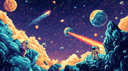 Wall Mural - pixel art space adventure astronauts explore cosmic landscape and meteor shower. galactic mosaic ski