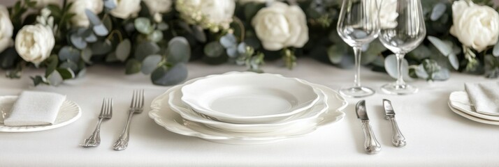 Poster - Beautifully arranged dining table with white plates and elegant floral centerpiece for a special event. Generative AI