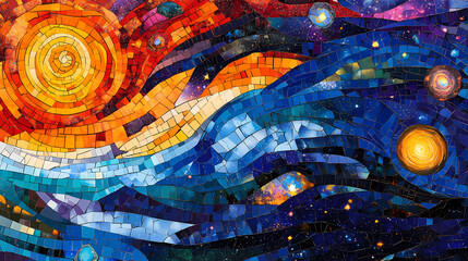 Wall Mural - A stunning mosaic pattern of the night sky featuring stars, galaxies, and nebulas. the artwork blends celestial elements into a cohesive and vibrant cosmic design. Galactic Mosaic Skies. Illustration