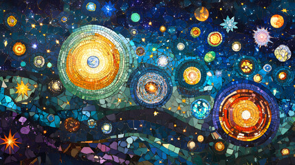 Wall Mural - A stunning mosaic pattern of the night sky featuring stars, galaxies, and nebulas. the artwork blends celestial elements into a cohesive and vibrant cosmic design. Galactic Mosaic Skies. Illustration
