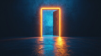 Poster - Dark room with an open door revealing a glowing luminous portal and illuminated doorway
