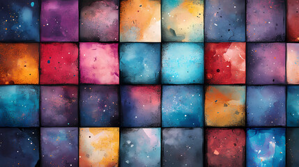 Wall Mural - A vibrant array of galaxy-inspired watercolor tiles creating a mosaic effect with artistic splashes and cosmic star details. Galactic Mosaic Skies. Illustration