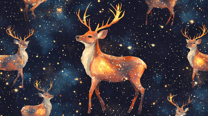 Wall Mural - Deer. seamless pattern with cosmic or galaxy deers. hand-drawn. Galactic Mosaic Skies. Illustration