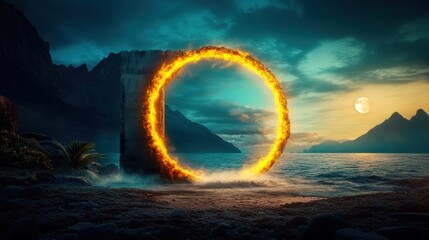 Poster - Ring of fire surrounded by mountains glowing doorway on a concrete wall in a mysterious landscape