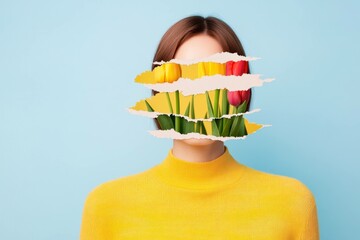 Canvas Print - Creative portrait of a woman with a unique torn effect revealing colorful tulips, bright blue background, emphasizing spring emotions and fresh beauty