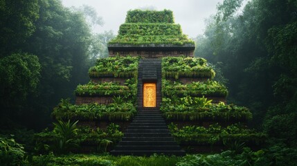 Poster - Large building adorned with numerous plants and a glowing doorway leading to an unknown space