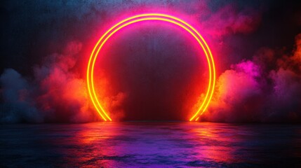 Poster - Glowing neon doorway illuminated in a dark room with a bright circle of light in futuristic design