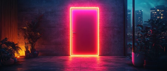 Poster - Red door illuminated by neon light in a dark modern setting with a glowing doorway ambiance