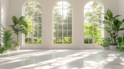 Poster - Interior of a bright room with numerous windows plants and a doorway without any people present