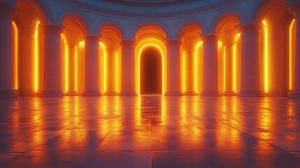 Poster - Room with orange lights and illuminated doorway leading into dark mysterious space