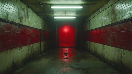 Poster - Red and green hallway with illuminated doorway opening into darkness