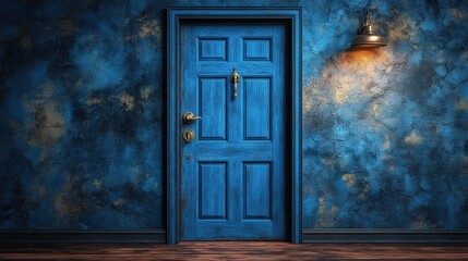 Poster - Illuminated blue door symbolizing new opportunities and pathways with soft light shining through