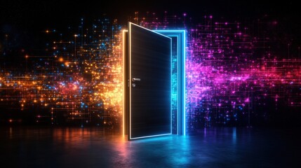Poster - Doorway with glowing lights in dark room symbolizing new opportunities and possibilities ahead