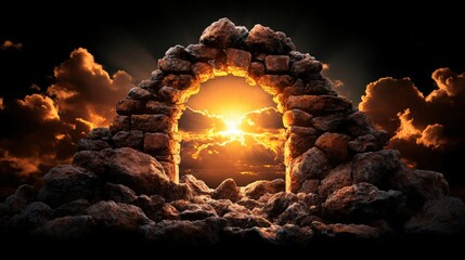 Poster - Sunset view through a stone arch with illuminated doorway symbolizing new opportunities and possibilities