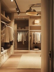 Poster - Elegant and minimalist dressing room with stylish clothing and warm wooden accents in a cozy indoor space. Generative AI