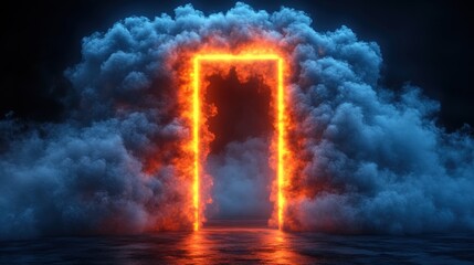 Poster - Large open door in dark room with bright light beam illuminating hazy interior space