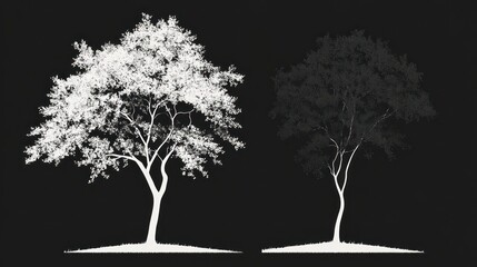 White and black tree silhouettes, isolated on black background; design element