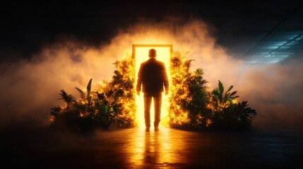 Poster - Man standing in front of a doorway with fire and light beam in a hazy room