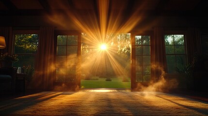 Poster - Sunlight streaming through large window creating hazy atmosphere in indoor room with doorway